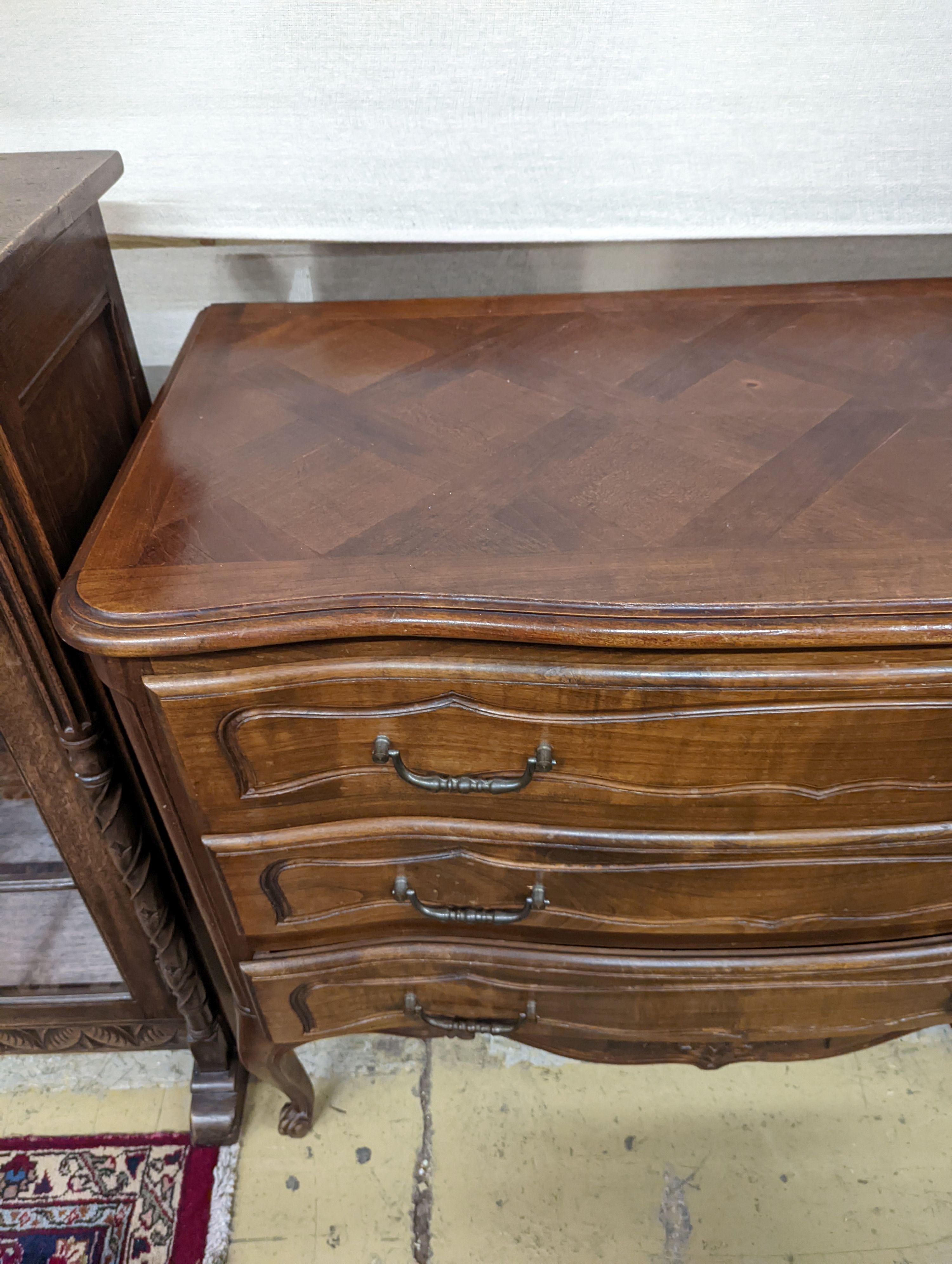 A Louis XV style walnut commode, fitted three long drawers. W-100cm, D-51cm, H-84cm.